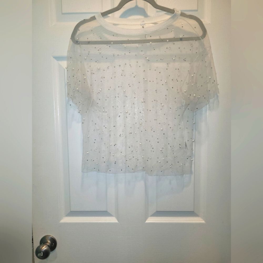 Salt Sheer Pearled Blouse, Women's sz S. White.